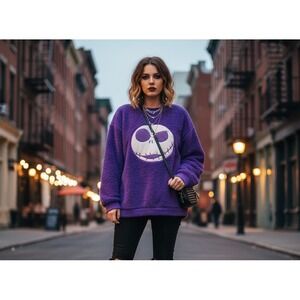 Nightmare Before Christmas Fuzzy‎ Sweatshirt Womens M Purple Cozycore Loungewear
